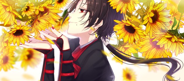 Anime picture 4500x2000 with touken ranbu nitroplus kashuu kiyomitsu motsuni (lxxe1120) single long hair highres black hair red eyes wide image upper body nail polish profile mole low ponytail mole under mouth red nail polish boy flower (flowers) earrings