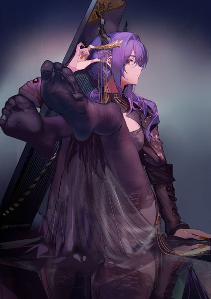 Anime picture 1763x2500 with arknights ambience synesthesia ch'en (arknights) rabbit (tukenitian) single long hair tall image looking at viewer fringe highres light erotic hair between eyes purple hair full body nail polish profile pink eyes horn (horns) fingernails arm support