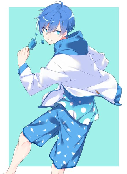 Anime picture 800x1091 with vocaloid kaito (vocaloid) sama (artist) single tall image looking at viewer fringe short hair blue eyes simple background smile hair between eyes standing holding blue hair ahoge parted lips turning head border polka dot