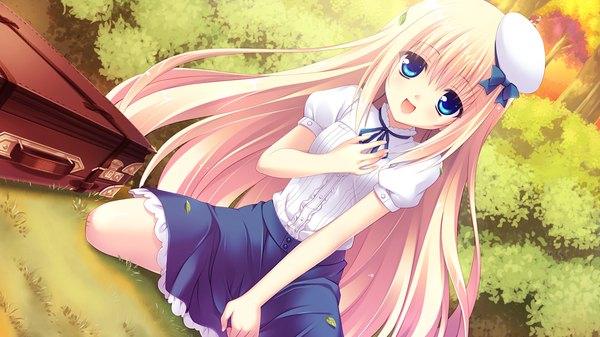 Anime picture 1024x576 with lovely quest long hair open mouth blue eyes blonde hair wide image game cg girl dress hat suitcase