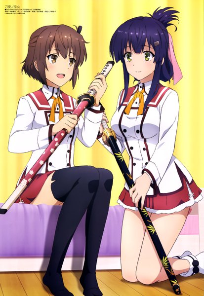 Anime picture 4083x5929 with toji no miko megami magazine yanase mai etou kanami mizuno takahiro (artist) long hair tall image highres short hair open mouth brown hair sitting multiple girls brown eyes green eyes payot blue hair absurdres :d official art