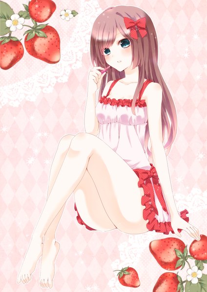 Anime picture 1200x1698 with original chitose (usacan) single long hair tall image looking at viewer blush blue eyes light erotic brown hair barefoot bare legs girl dress bow hair bow food sundress berry (berries) strawberry