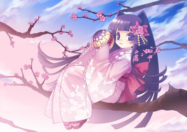 Anime picture 1000x707 with original mitake eiru single blush smile sitting purple eyes sky purple hair cloud (clouds) very long hair japanese clothes cat girl cherry blossoms tree sitting girl hair ornament ribbon (ribbons) plant (plants) hair ribbon