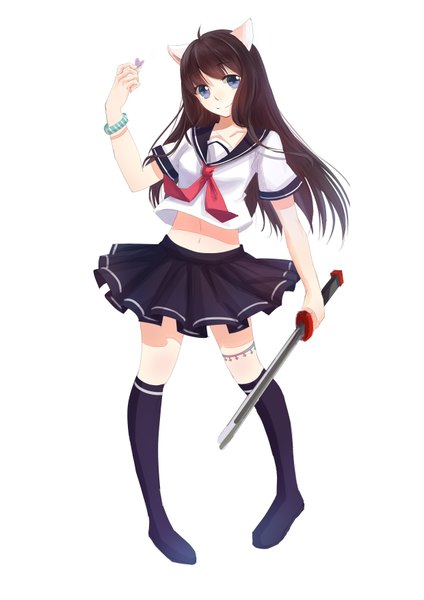 Anime picture 2480x3507 with original kan (rainconan) single long hair tall image highres blue eyes black hair simple background smile white background animal ears cat ears girl skirt weapon sword serafuku bracelet katana