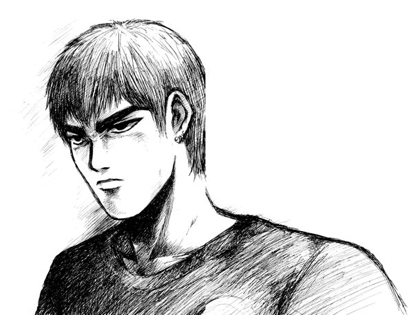 Anime picture 1562x1193 with great teacher onizuka studio pierrot eikichi onizuka single short hair simple background white background looking away monochrome eyebrows sketch boy earrings