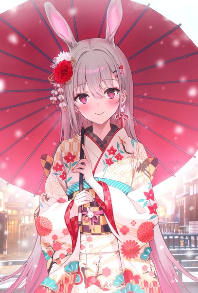 Anime picture 815x1200 with original rangu single long hair tall image looking at viewer blush fringe smile hair between eyes purple eyes animal ears traditional clothes japanese clothes grey hair bunny ears floral print snowing bunny girl new year