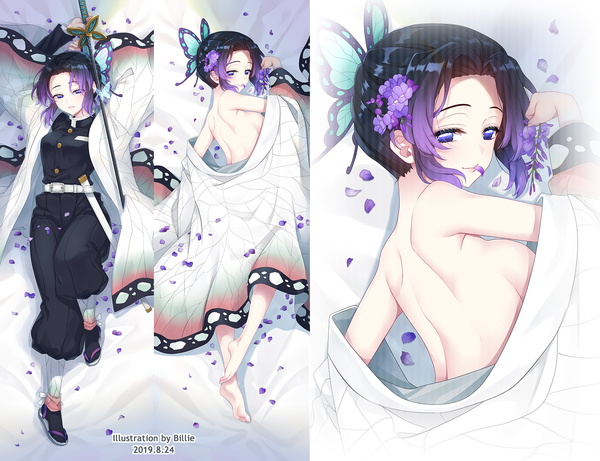 Anime picture 1719x1323 with kimetsu no yaiba ufotable kochou shinobu menggongfang looking at viewer highres short hair breasts blue eyes light erotic black hair smile purple eyes bare shoulders holding signed full body lying traditional clothes parted lips