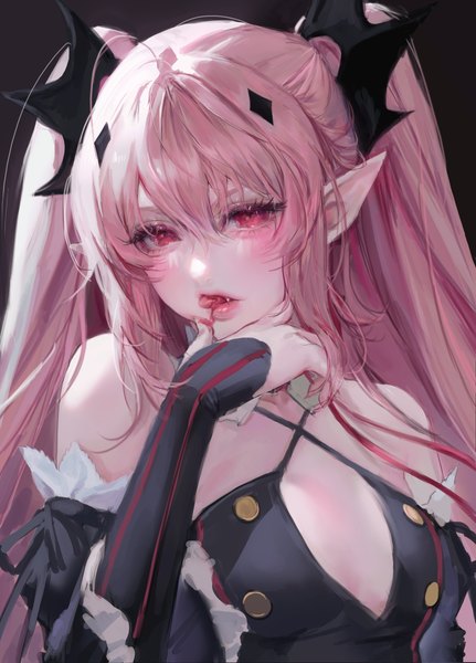 Anime picture 2941x4096 with owari no seraph wit studio kururu tepes uuzxw single long hair tall image looking at viewer fringe highres breasts light erotic simple background hair between eyes large breasts bare shoulders pink hair upper body pink eyes pointy ears