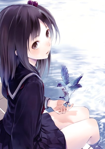 Anime picture 2461x3484 with original traditional white (artbook) kishida mel tall image looking at viewer blush highres short hair open mouth black hair sitting brown eyes looking back one side up soaking feet bird on hand girl skirt uniform hair ornament
