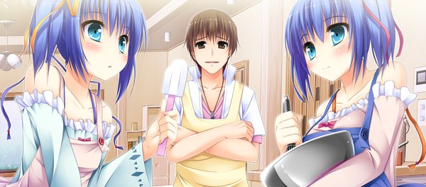 Anime picture 2727x1200 with oshiete ecchi na recipe blush highres short hair blue eyes brown hair wide image multiple girls blue hair game cg cooking girl boy 2 girls detached sleeves apron