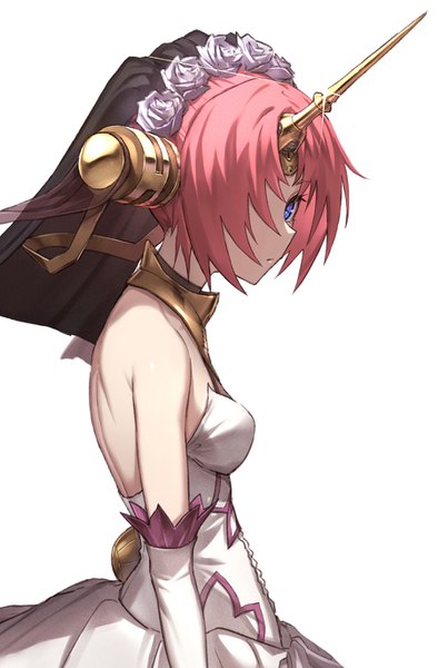 Anime picture 919x1368 with fate (series) fate/grand order fate/apocrypha frankenstein's monster (fate) fame peera single tall image fringe short hair breasts blue eyes simple background standing white background bare shoulders looking away pink hair upper body profile hair flower