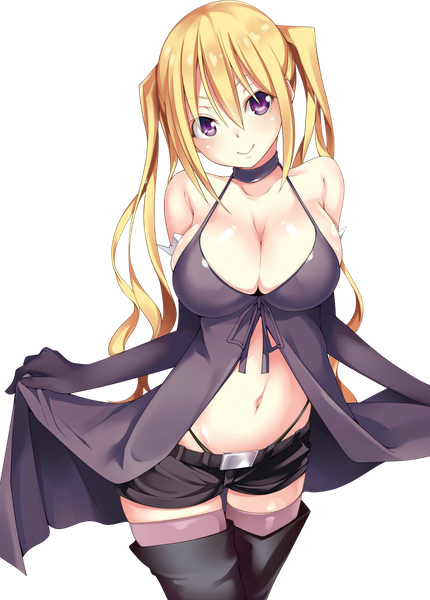 Anime-Bild 1146x1600 mit trinity seven lieselotte sherlock nao akinari single long hair tall image looking at viewer breasts light erotic blonde hair smile large breasts purple eyes twintails bare shoulders cleavage bare belly sideboob happy transparent background