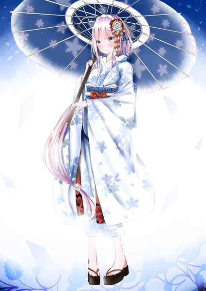 Anime picture 2006x2833 with re:zero kara hajimeru isekai seikatsu white fox emilia (re:zero) kavies single tall image looking at viewer blush fringe highres standing purple eyes holding pink hair full body very long hair traditional clothes japanese clothes wind sunlight