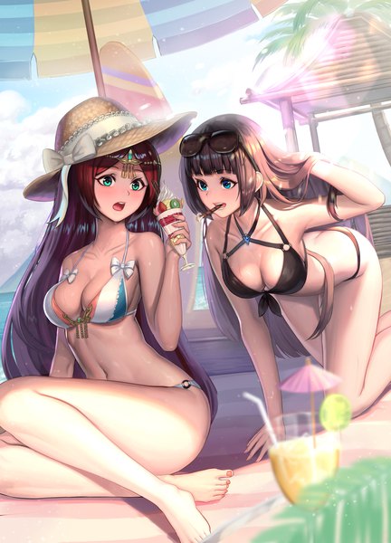 Anime picture 1130x1569 with original moonandmist long hair tall image blush fringe breasts open mouth blue eyes light erotic brown hair large breasts sitting multiple girls holding payot looking away cleavage full body bent knee (knees)