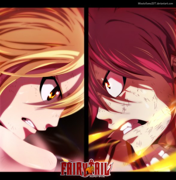 Anime picture 1000x1021 with fairy tail lucy heartfilia natsu dragneel minatosama207 long hair tall image short hair blonde hair yellow eyes pink hair profile inscription orange eyes tattoo sleeveless grin coloring close-up face multiview