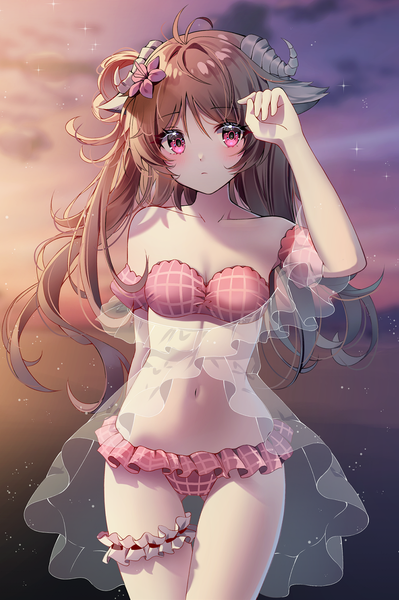 Anime picture 961x1446 with arknights eyjafjalla (arknights) eyjafjalla (summer flower) (arknights) gin (gin937) single long hair tall image blush brown hair animal ears looking away outdoors pink eyes arm up hair flower horn (horns) blurry sparkle official alternate costume girl