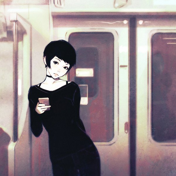 Anime picture 1080x1080 with original ilya kuvshinov single looking at viewer short hair standing indoors head tilt lips monochrome arm behind back middle finger girl choker pants mobile phone smartphone door train