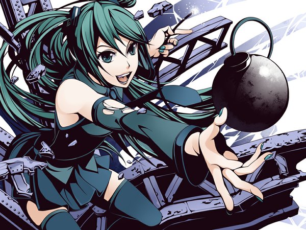 Anime picture 1000x750 with vocaloid hatsune miku torigoe takumi long hair open mouth twintails green eyes nail polish green hair girl thighhighs black thighhighs detached sleeves necktie grenade unused impulse
