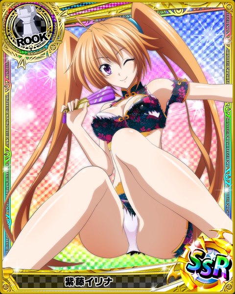 Anime picture 640x800 with highschool dxd shidou irina single tall image looking at viewer light erotic smile brown hair purple eyes twintails very long hair traditional clothes one eye closed wink torn clothes chinese clothes card (medium) girl underwear panties