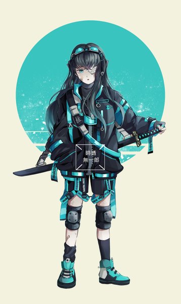 Anime picture 1890x3166 with kimetsu no yaiba ufotable tokitou muichirou muru (murr) tall image looking at viewer fringe highres open mouth blue eyes black hair standing full body open jacket :o alternate costume character names hieroglyph gradient hair hand in pocket