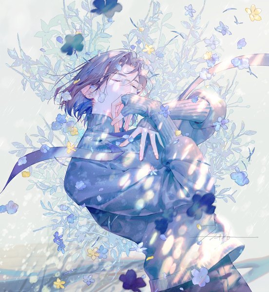 Anime picture 1000x1086 with original hato (dovecot) single tall image short hair brown hair signed upper body eyes closed covered mouth boy flower (flowers) glasses turtleneck