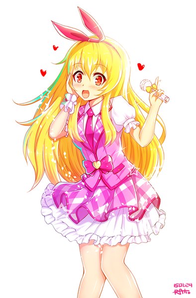 Anime picture 600x912 with aikatsu! hoshimiya ichigo ratio (ratio-d) single long hair tall image blush fringe open mouth simple background blonde hair smile red eyes white background girl dress microphone