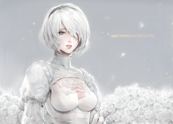 Anime picture 3440x2468 with nier nier:automata yorha no. 2 type b mucuzi single fringe highres short hair breasts blue eyes light erotic simple background looking away absurdres silver hair upper body parted lips hair over one eye grey background mole