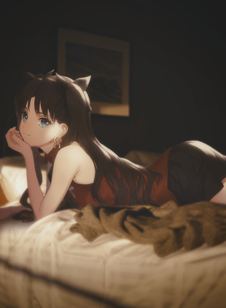 Anime picture 4573x6240 with fate (series) fate/stay night toosaka rin evrmore single long hair tall image looking at viewer fringe highres breasts blue eyes smile brown hair absurdres indoors lying sleeveless on stomach reclining