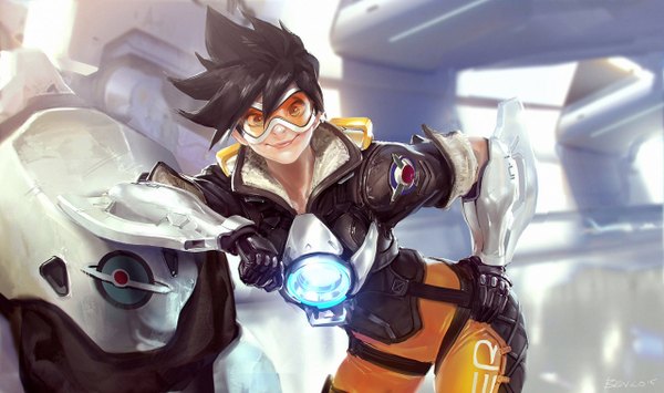 Anime picture 1280x758 with overwatch blizzard entertainment tracer (overwatch) benlo single looking at viewer short hair blue eyes black hair smile wide image open clothes open jacket leaning leaning forward hand on hip girl gloves black gloves jacket