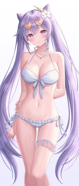 Anime picture 999x2351 with genshin impact keqing (genshin impact) seungju lee single long hair tall image looking at viewer blush fringe breasts light erotic simple background hair between eyes large breasts standing purple eyes twintails payot cleavage purple hair