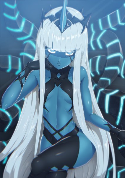 Anime picture 634x900 with darling in the franxx studio trigger 001 (darling in the franxx) nandz single tall image looking at viewer fringe breasts blue eyes light erotic sitting payot white hair blunt bangs very long hair horn (horns) crossed legs glowing glowing eye (eyes)