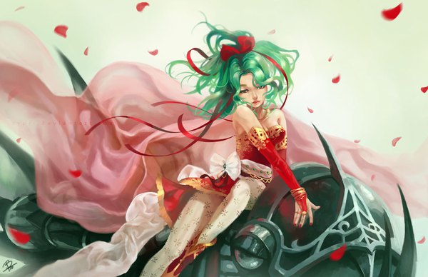 Anime picture 1100x712 with final fantasy final fantasy vi square enix tina branford cypri single long hair red eyes sitting bare shoulders nail polish green hair looking down wavy hair girl ribbon (ribbons) hair ribbon petals pantyhose cape