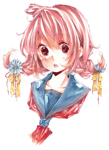 Anime picture 1035x1424 with original kawana (spicaboy) single long hair tall image looking at viewer fringe open mouth simple background white background pink hair braid (braids) pink eyes teeth twin braids girl uniform hair ornament flower (flowers) ribbon (ribbons)