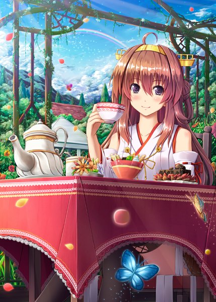 Anime picture 772x1080 with kantai collection kongou battleship akashio (loli ace) long hair tall image looking at viewer blush smile brown hair sky ahoge black eyes mountain nontraditional miko girl hair ornament flower (flowers) plant (plants) petals tree (trees)