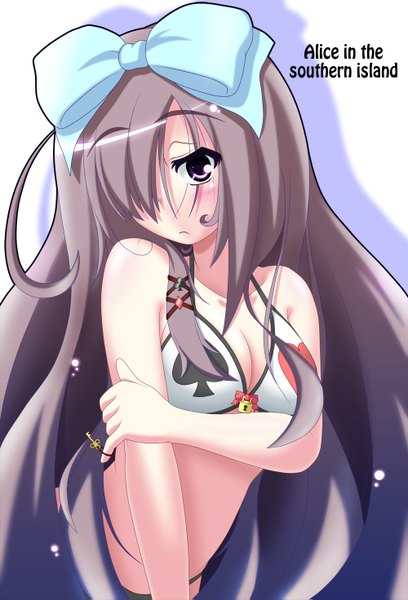Anime picture 1000x1471 with alice in wonderland alice (alice in wonderland) sasaki saki single long hair tall image blush fringe purple eyes grey hair hair over one eye girl bow swimsuit hair bow bikini