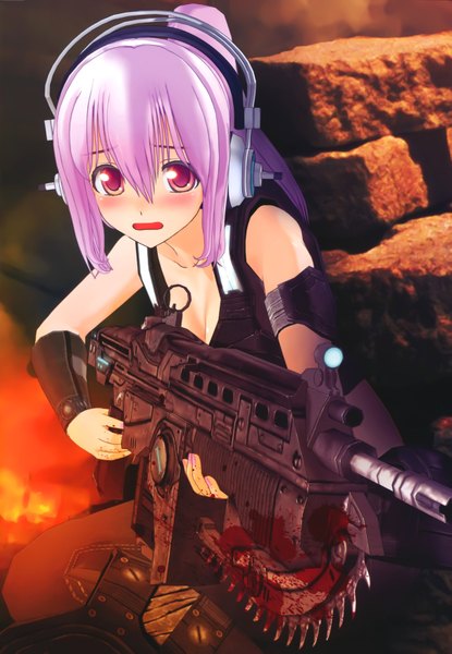 Anime picture 4834x6986 with gears of war nitroplus super sonico tsuji santa single long hair tall image blush highres open mouth red eyes pink hair absurdres cosplay girl weapon headphones gun blood