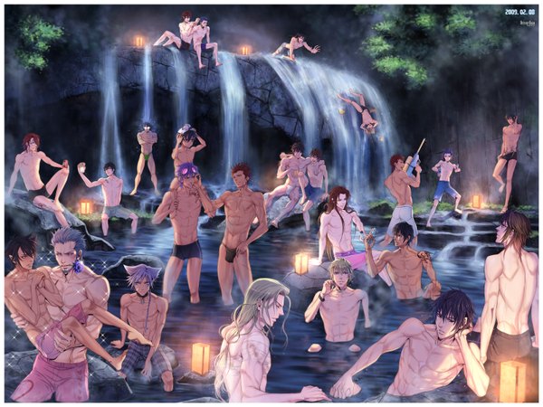 Anime picture 3200x2400 with silver rain long hair highres short hair light erotic black hair animal ears blue hair absurdres white hair red hair pointy ears from behind tattoo back scar group falling waterfall carrying