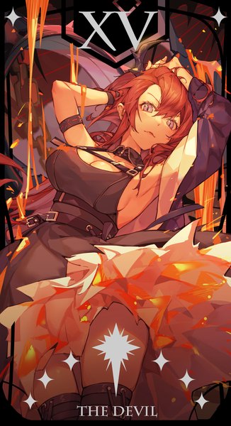 Anime picture 2247x4134 with arknights surtr (arknights) kotatsu kaya single long hair tall image looking at viewer fringe highres breasts hair between eyes purple eyes cleavage red hair arms up armpit (armpits) sideboob lava girl infection monitor (arknights)