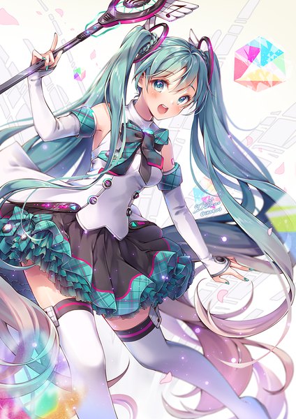 Anime picture 800x1132 with vocaloid magical mirai (vocaloid) hatsune miku magical mirai miku magical mirai miku (2017) ika (4801055) single tall image looking at viewer blush open mouth twintails very long hair nail polish aqua eyes aqua hair gradient hair girl thighhighs dress