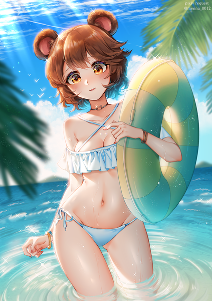Anime picture 1551x2200 with original menna (0012) single tall image looking at viewer blush fringe short hair breasts open mouth light erotic smile brown hair large breasts standing holding brown eyes signed animal ears sky