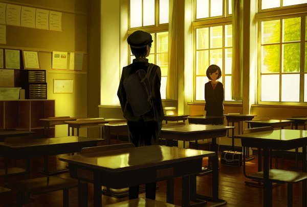 Anime picture 1329x900 with original doora (dora0913) short hair black hair brown hair hands behind back hands in pockets classroom girl boy skirt uniform school uniform miniskirt shirt window chair table school bag cap