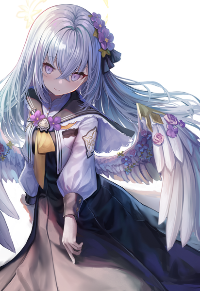 Anime picture 1173x1707 with blue archive azusa (blue archive) takashima shoa single long hair tall image fringe simple background hair between eyes white background purple eyes silver hair hair flower light smile looking down white wings girl flower (flowers) wings halo