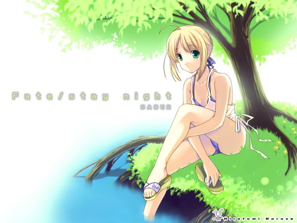 Anime picture 1600x1200 with fate (series) fate/stay night studio deen type-moon artoria pendragon (all) saber light erotic blonde hair green eyes summer swimsuit water