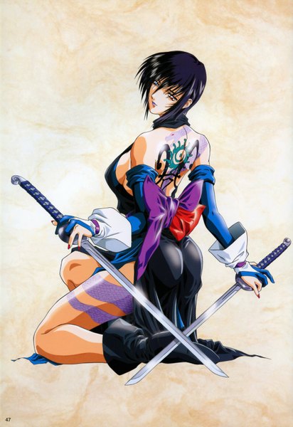 Anime picture 1031x1500 with samurai spirits shiki (samurai spirits) tall image short hair light erotic red eyes purple hair nail polish looking back tattoo back girl sword