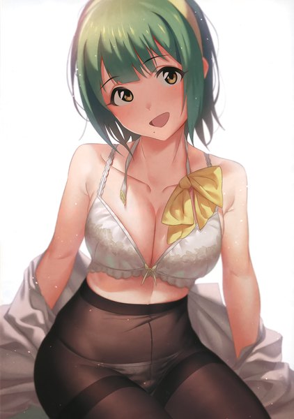 Anime picture 2134x3032 with idolmaster otonashi kotori fukushi ryouhei single tall image looking at viewer blush fringe highres short hair breasts open mouth light erotic simple background smile large breasts white background sitting bare shoulders yellow eyes