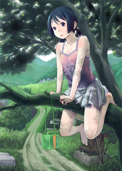 Anime picture 1282x1798 with original hidari kagetora single tall image short hair open mouth black hair bare shoulders black eyes girl skirt plant (plants) tree (trees) bag grass