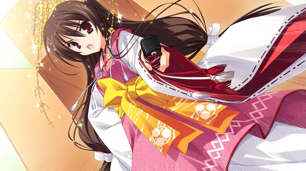 Anime picture 1280x720 with tenshinranman unohana no sakuyahime muririn single long hair looking at viewer open mouth brown hair wide image standing twintails holding brown eyes traditional clothes japanese clothes wide sleeves sparkle dutch angle floating hair low twintails