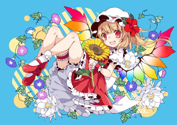 Anime picture 1684x1191 with touhou flandre scarlet toutenkou single looking at viewer short hair open mouth blonde hair red eyes full body :d fang (fangs) one side up blue background alternate wings girl flower (flowers) hat wings socks