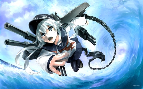 イラスト 1920x1200 と 艦隊これくしょん 響(艦これ) idsuru921 ソロ 長髪 highres 開いた口 青い目 wide image looking away 銀髪 壁紙 flying 女の子 スカート 武器 ミニスカート パンスト 水 海