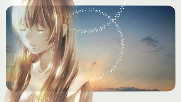 Anime picture 1000x562 with vocaloid megurine luka ebisu kana single long hair brown hair wide image sky cloud (clouds) eyes closed girl